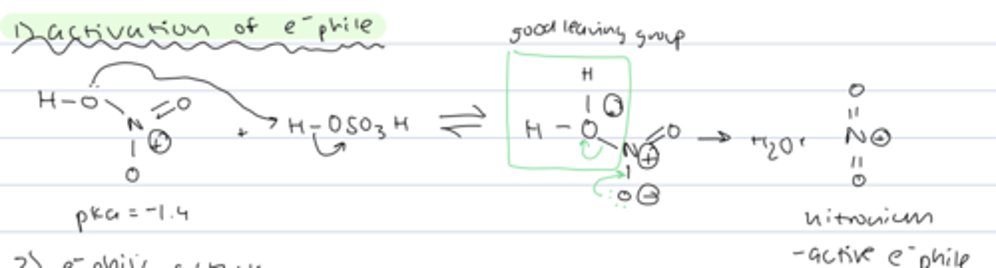 <p>activation of electrophile</p><p>- LP on oxygen of nitric acid deprotonates H₂SO₄</p><p>- OH₂+ is a good leaving group, so LP from oxygen can form another N-O double bond and kick out water</p><p>- active electrophile = nitronium</p>