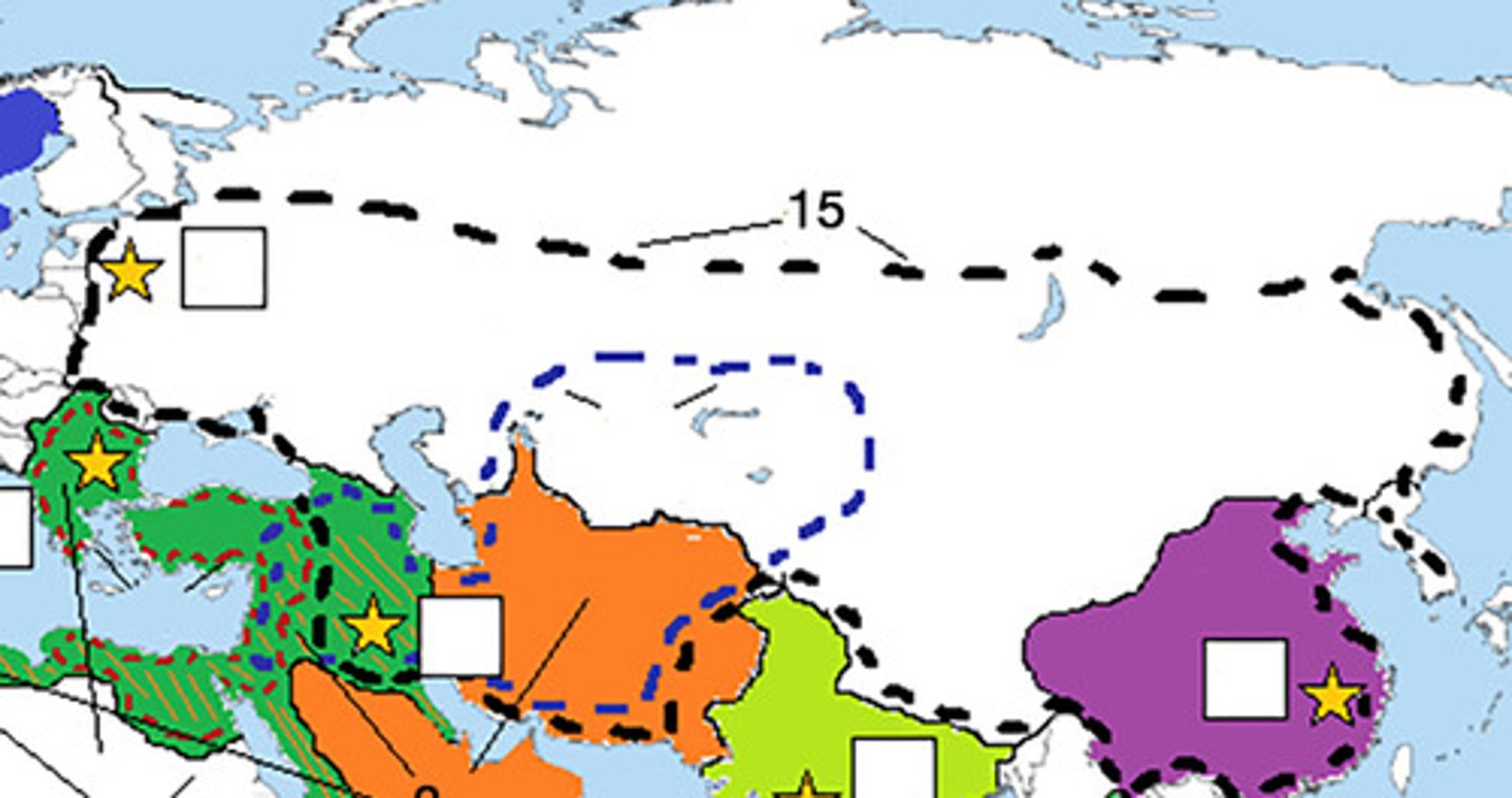 <p>DEFINITION</p><p>Map Location #15; Largest contiguous land empire in history which spanned from East Asia to Europe created by pastoralist nomads from Central Asia.</p>