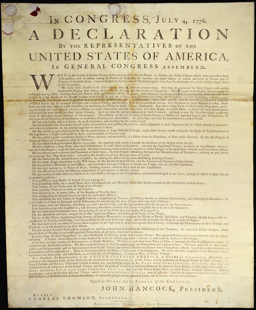 <p><strong>Source Information: </strong>"Declaration of Independence", Government Document, Second Continental Congress, 1776 </p><p><strong>Background:</strong> In 1776, representatives from the thirteen American colonies issued this document, announcing independence from Britain and outlining principles of liberty.</p>