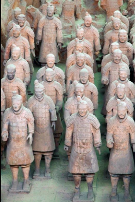 <p>221-209 BCE, Qin Dynasty</p><p>Xian, China</p><p>painted terracotta Warriors depicting armies of Qin Shi Huang, human sized, using molds to craft </p><p>funerary art</p>