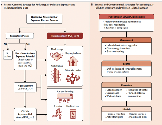 <p><span style="font-family: Calibri">Panel A - a patient-centered strategy for reducing air-pollution exposure and pollution-related CVD.</span></p><p><span style="font-family: Calibri">Assessment of exposure&nbsp; includes evaluation of exposure to HAP on the basis of the patient’s ZIP (EIR) Code and</span></p><p><span style="font-family: Calibri">Susceptible patients - those with atherosclerotic CVD (ASCVD) and coexisting conditions, recent hospitalization for an acute coronary syndrome, heart failure, chronic obstructive pulmonary disease, or asthma. Also diabetes, or stage 3 or 4 chronic kidney disease with one or more risk factors.</span></p><p><span style="font-family: Calibri">Other Patients at risk - pregnant women, the elderly, and transplant recipients.</span></p><p><span style="font-family: Calibri">&nbsp;Panel B shows societal and governmental strategies for reducing air-pollution exposure and pollution-related disease.</span></p>