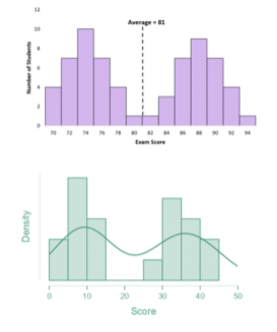 <ul><li><p>Two clear peaks </p></li><li><p>Or two clusters/dominant groups </p></li><li><p>typically occur when data come from two different groups </p></li><li><p>or indicate sub-populations in the data </p></li><li><p>requires careful interpretation </p></li></ul><p></p>