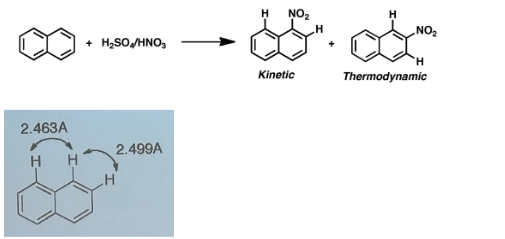 <p>2-nitronaphthalene</p><p><span>Kinetic product has more steric hindrance while thermodynamic product has less since the substituent is farther away from the other protons</span></p>