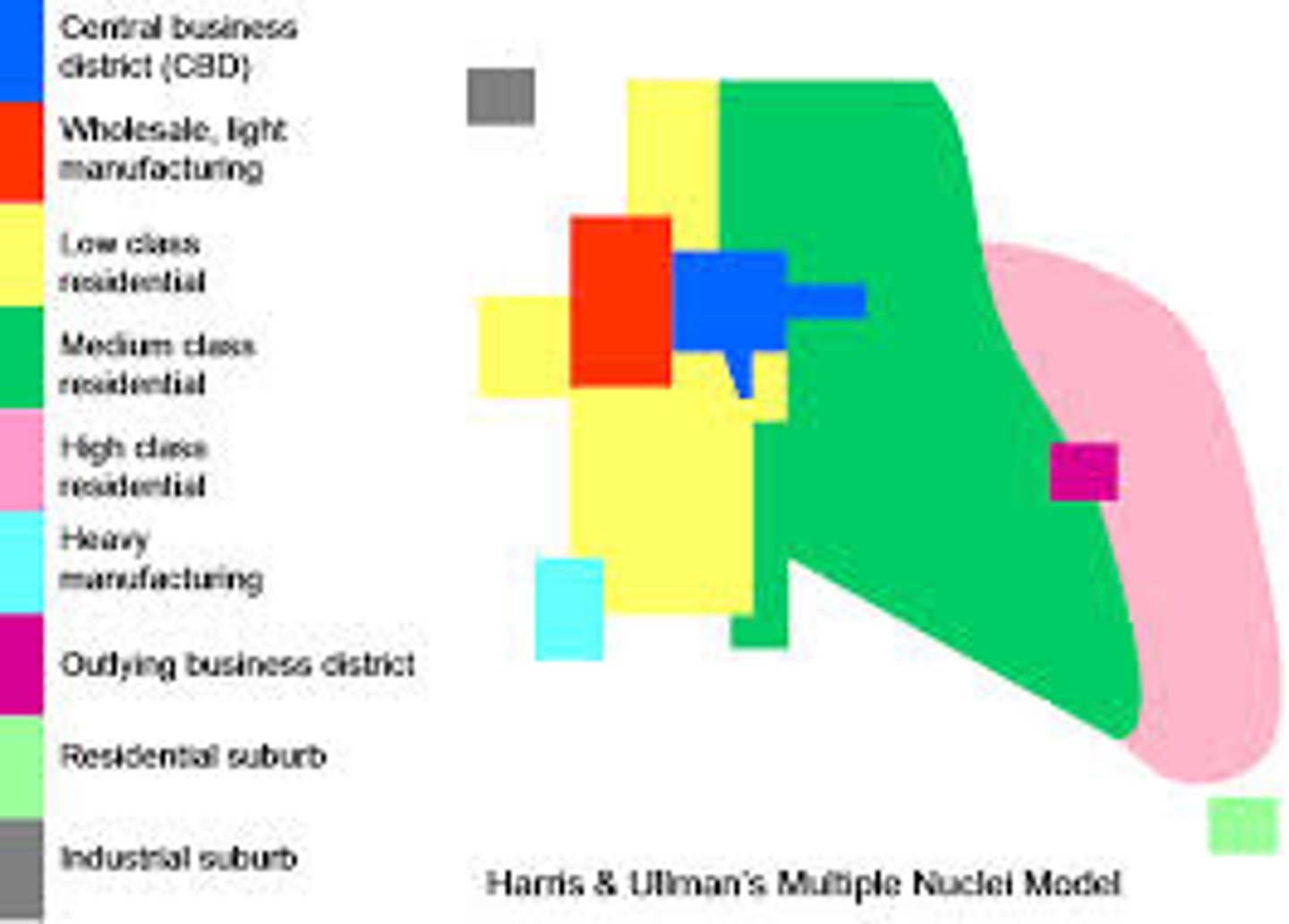 <p>Cities develop as areas with common requirements (land-use, financial) establish themselves near each other (ie. hotels and restaurants spring up near airports)</p>