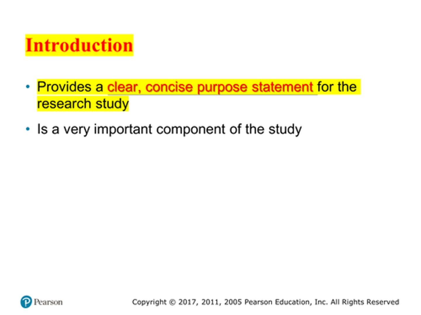 <p>Introduction (pg. 289)</p><p>Terminology associated with research reports</p><p>- Abstract- A condensed version of a study</p><p>- Introduction- Should include a clear, concise purpose statement</p><p>- Literature review- Detailed outline of previous findings</p><p>- Methodology- Method and material section</p><p>- Results and discussions- Findings of a study•</p><p>3 multiple choice options</p>