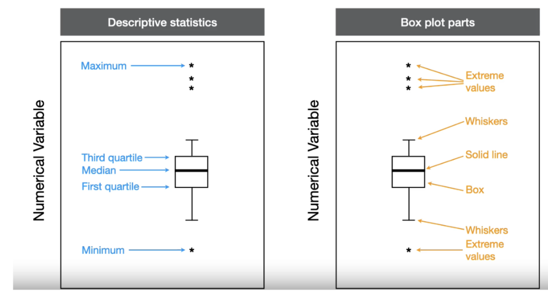 <ul><li><p><span style="font-family: Arial, sans-serif">Box and whisker plots, or box plots for short, are another good way to visualize numerical data.&nbsp;</span></p></li><li><p><span style="font-family: Arial, sans-serif">Box plots are based on quartiles and are popular because they show five descriptive statistics in relatively compact design: minimum, 1st quartile, median, 3rd quartile and maximum.&nbsp;</span></p></li><li><p><span style="font-family: Arial, sans-serif">Since it shows the 1st and 3rd quartiles, it also shows the interquartile range, which is quite nice because at a glance you can see where half the data lie.</span></p></li></ul>