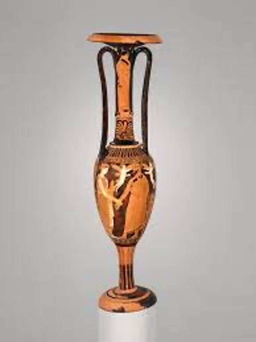 <p>A ceramic vase characterizes elongated neck with two handles. Used to carry water for a bride's pre-nuptial ritual bath.</p>