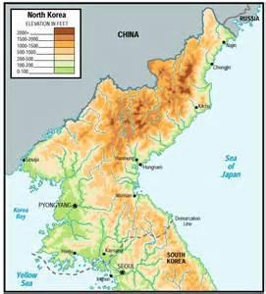<p>North Korea is mostly mountainous with very few flat areas close to the ocean.</p>