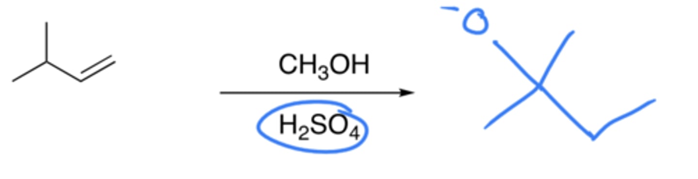 <p>- Addition of H and OCH3</p><p>- This is a hydration reaction, but instead of H2O, we use CH3OH</p><p>- Markovnikov, forms a stable carbocation</p>