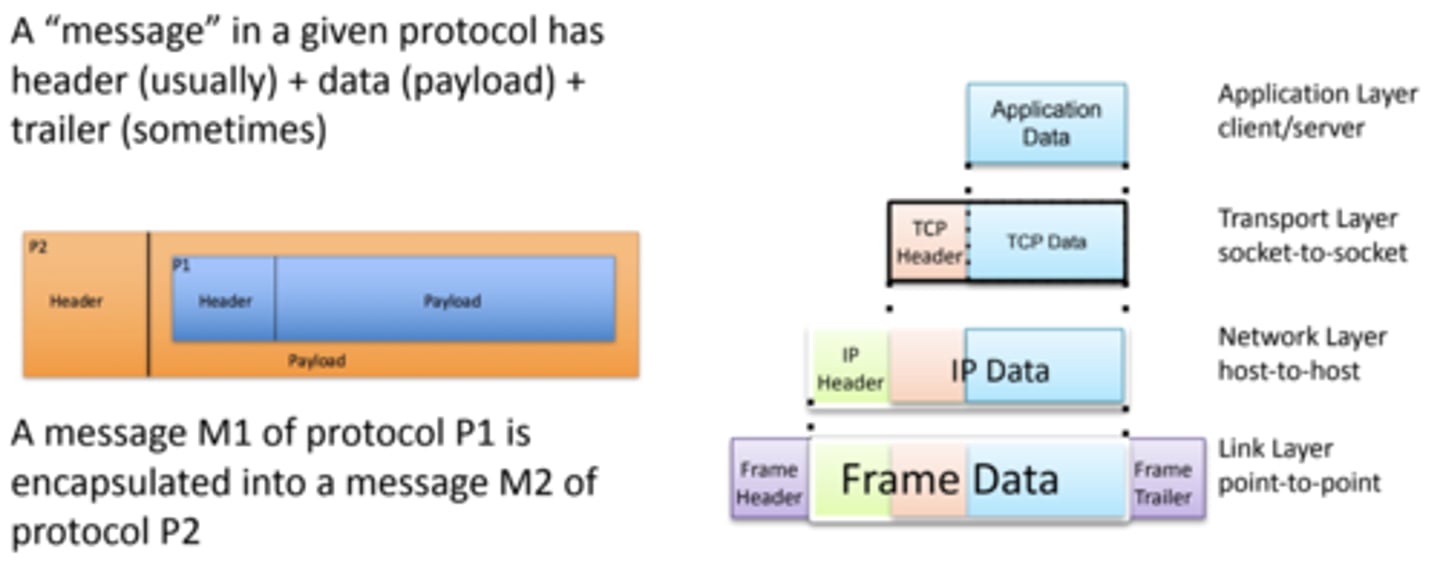 <p>1. Application layer - application data</p><p>2. Transport layer - TCP segment/UDP datagram = TCP/UDP header + application data</p><p>3. Internet layer - IP packet = IP header + TCP segment/UDP datagram</p><p>4. Network access/link layer - MAC layer frame = MAC header + IP packet</p><p>5. Physical layer - encodes this as a bit stream to send to the switch</p>