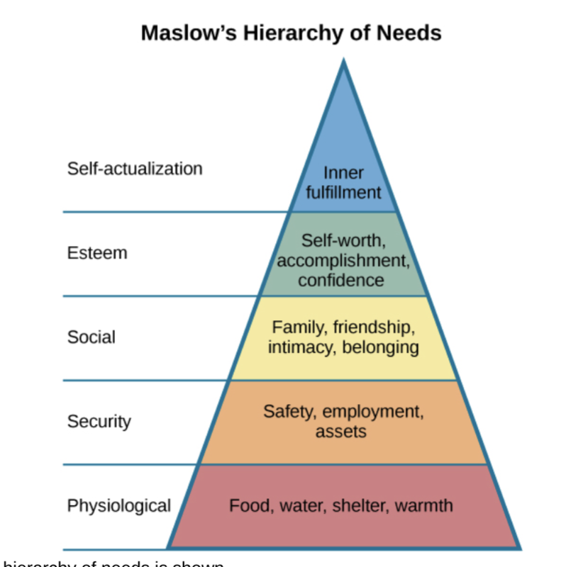 <p> The levels include physiological needs, safety needs, love and belonging, esteem, and self-actualization, with higher needs becoming prominent only after lower needs are satisfied. </p>