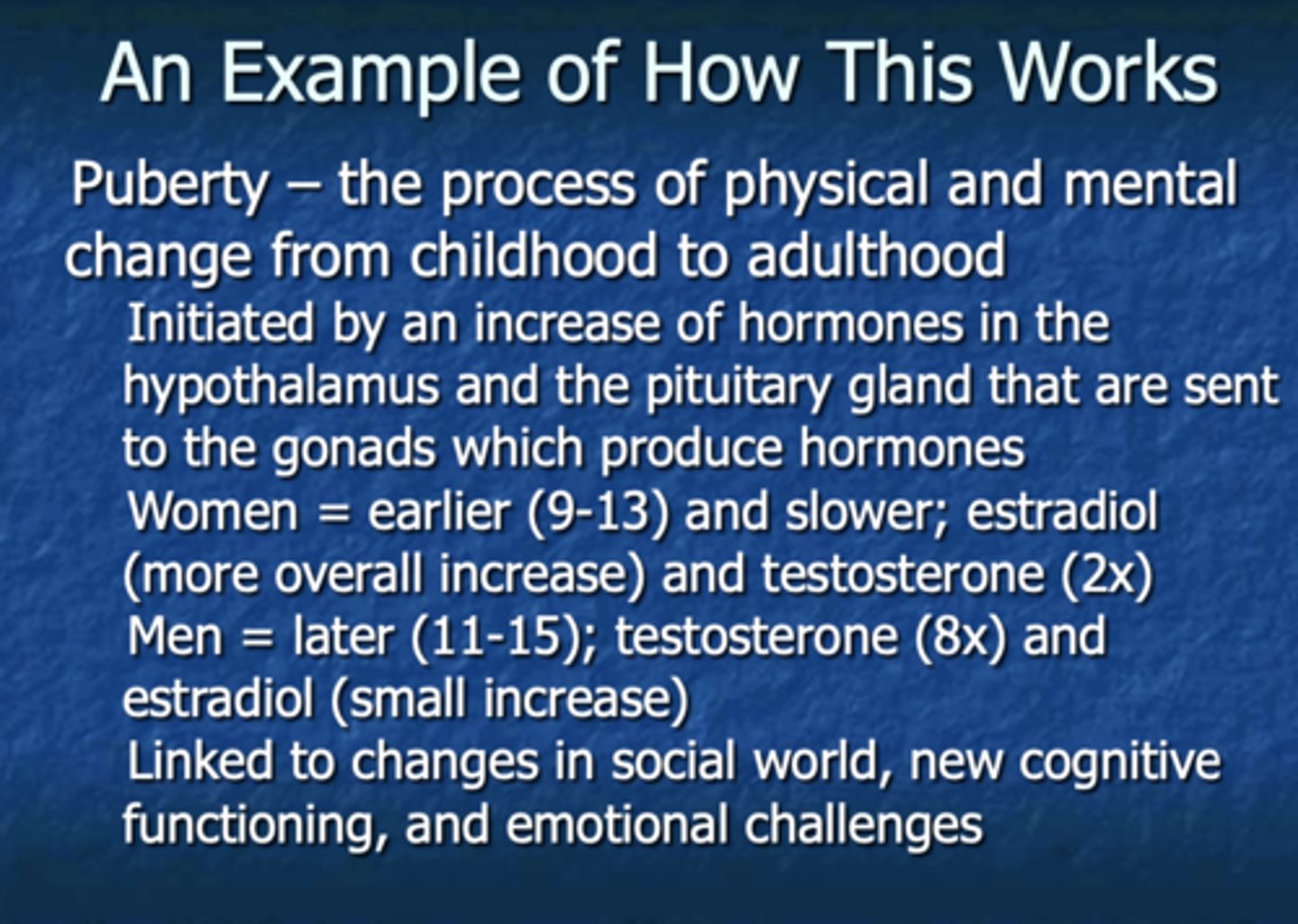 <p>the process of physical and mental change from childhood to adulthood</p>
