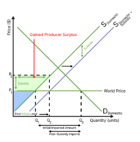 <ul><li><p>domestic producer surplus increases</p></li><li><p>foreign producers lose out as they now export less</p></li></ul><p></p>