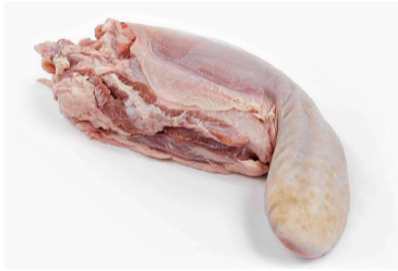<p>Name: Tongue</p><p>Primal: Head</p><p>Features: Distinctive tongue shape, two main sections: fleshy part connected to the head + rougher tongue, bulk packed</p>