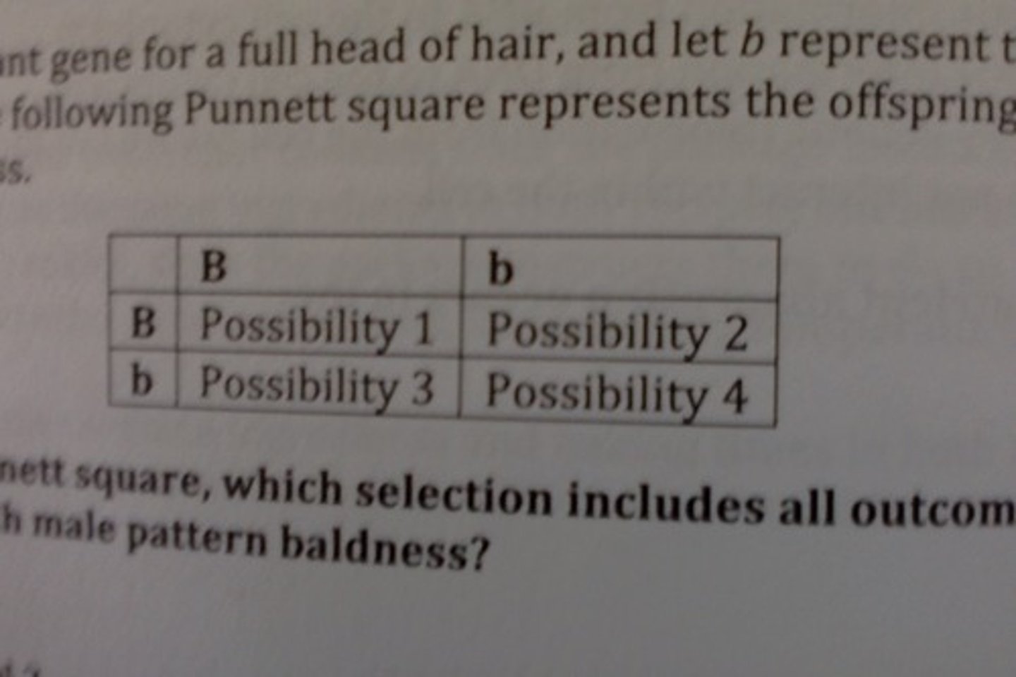 <p>B.</p><p>- because male pattern baldness is a recessive gene, the offspring would need the bb gene combination in order to inherit this trait.</p><p>- Possibility 4 corresponds to the bb gene combination.</p><p>Complete Punnet square:</p><p>B. b</p><p>B. BB. Bb</p><p>b. Bb. bb</p>