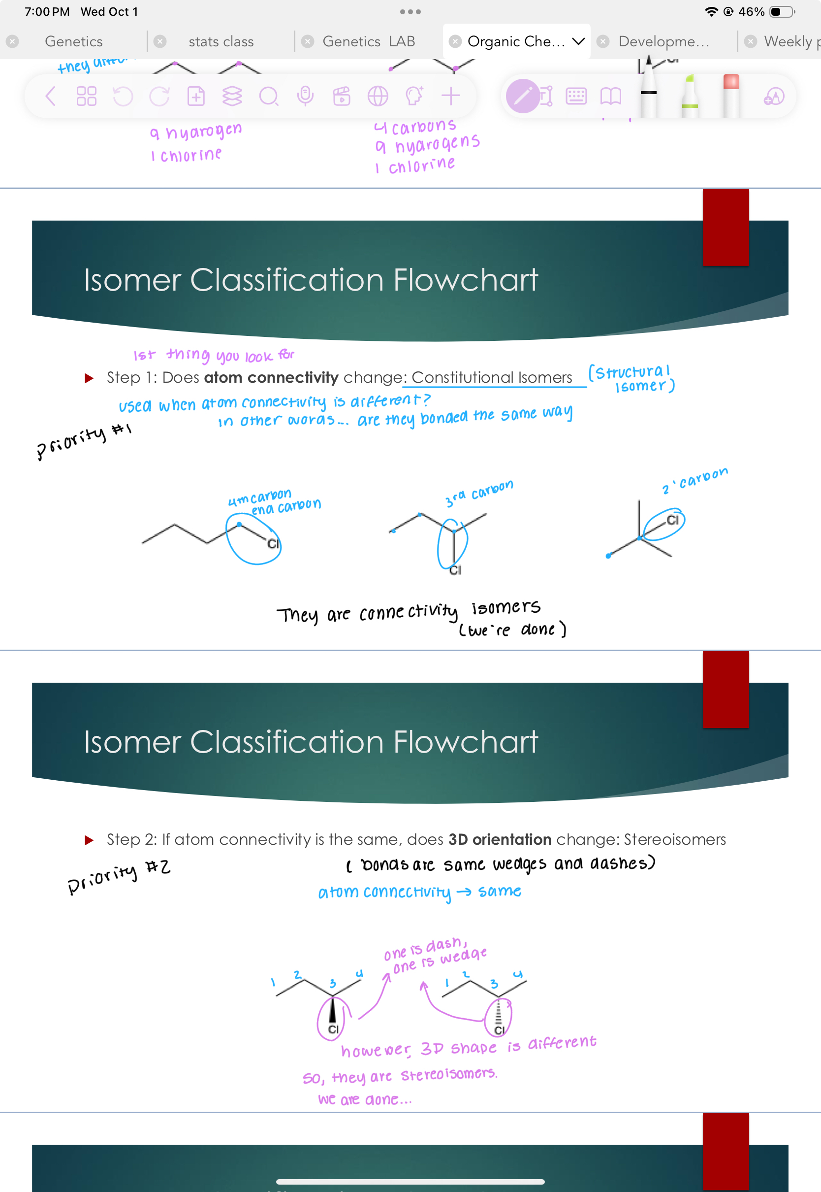 <p>Step 1: Does atom connectivity change: Constitutional Isomers</p><p>Used when atom connectivity is different.. in other words… are the bonded the same way?</p><p><strong>priority #1</strong></p>
