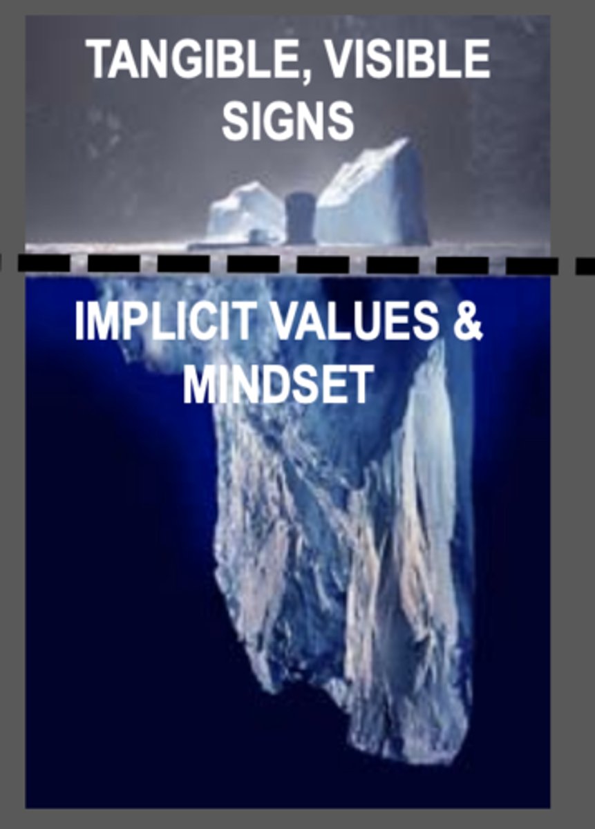 <p>the underlying beliefs, thought processes, assumptions, and worldviews that often remain unseen. These are considered "internal", as they happen out of sight, making them the subconscious part of culture.</p>