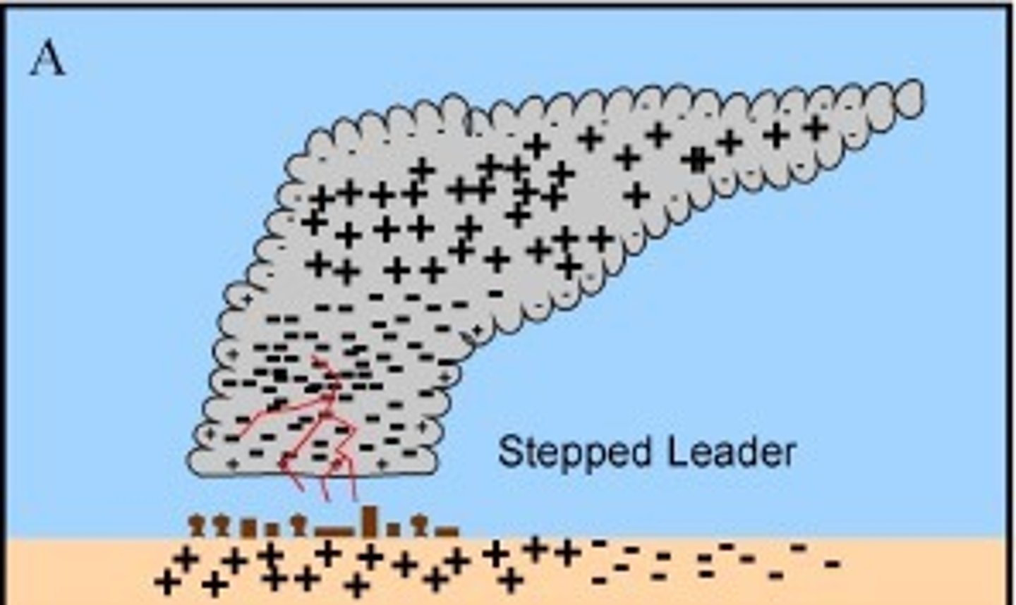 <p>Initial "spark" of lightning leaves the clouds base.</p><p>Very faint and almost invisible</p><p>As it approaches the ground, a positive charge starts upward and meets the negative charges</p>