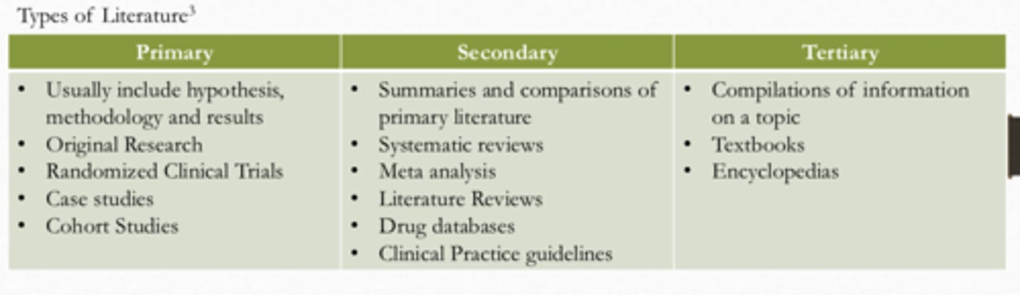 <p>- compilations of information on a topic</p><p>- textbooks</p><p>- encyclopedia</p>