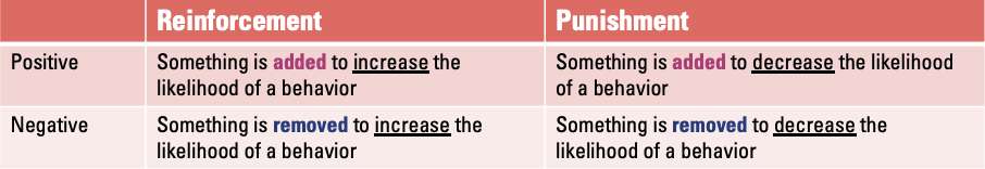 <p><strong>Learning and Punishment in Operant Conditioning</strong></p><ul><li><p><strong>Learning</strong>: Can also occur via punishment, which is used to help decrease the likelihood of a behavior occurring in the future.</p></li></ul><p><strong>Types of Punishment</strong>:</p><ul><li><p><strong>Positive Punishment</strong>: Presenting an aversive consequence after an undesired behavior is exhibited, making behaviors less likely to happen in the future.</p></li><li><p><strong>Negative Punishment</strong>: Removing the reinforcing stimulus after a particular behavior is exhibited, resulting in the behavior happening less often in the future.</p></li></ul><p></p>