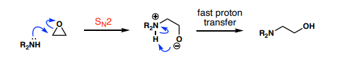 <p>SN2 ring opening via amine RNH<sub>2</sub> nucleophiles</p><p>OR H<sub>2</sub>O to give 2 OH groups</p>