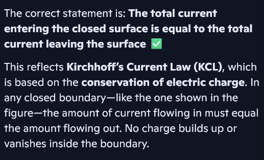 <p>c. The total current entering the closed surface is equal to the total current leaving the surface.</p>