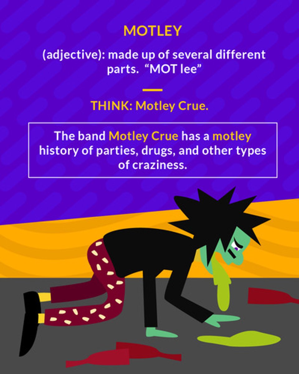 <p>many colored; made up of many parts</p><p>(adj.) made up of several different parts</p>