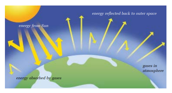 <p>certain gasses trap heat from the sun &amp; it regulates the earths temperature.</p>