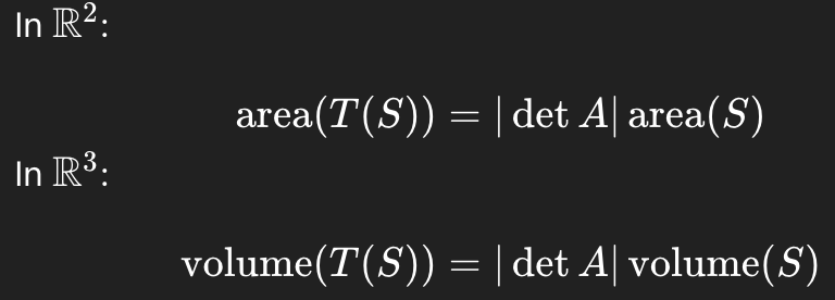 <p>If T(x) - Ax then: </p><p></p><p>“What does det mean geometrically?” → scaling factor</p>