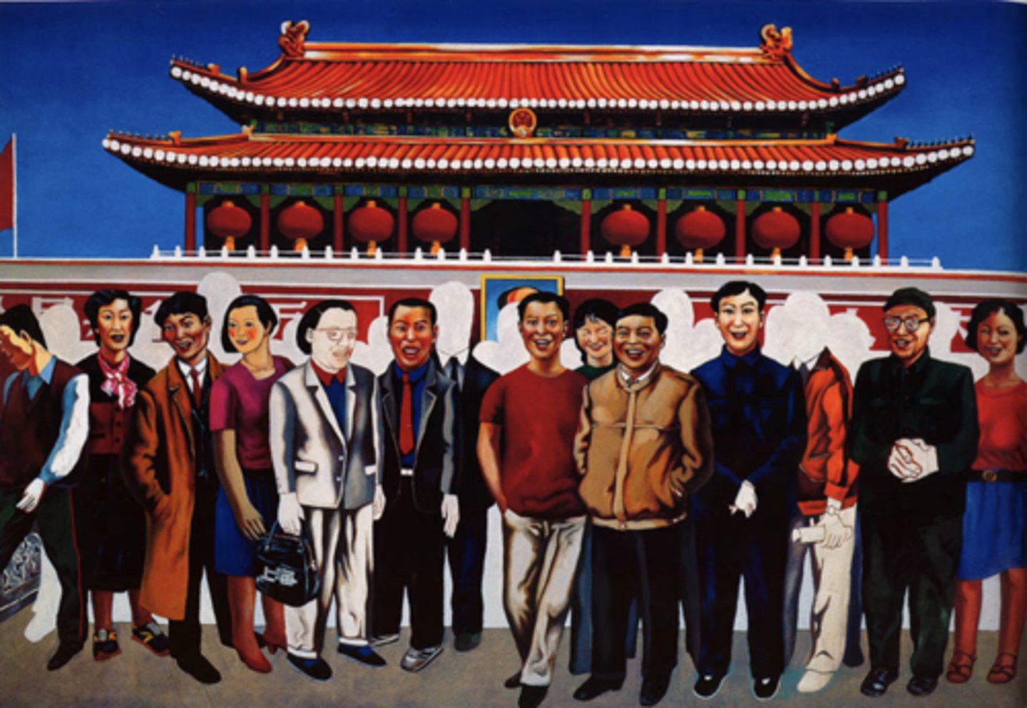 <p>Title: Taking a Picture in front of Tiananmen Square</p><p>Time: 1990s.</p><p>Known for:</p><ul><li><p>"Cynical Realism"</p></li></ul><ul><li><p>Critiques Mao’s legacy via obscured portrait in ironic realism.</p></li><li><p>A commentary on the <strong>gap between public political narrative and private expression</strong>, questioning how memory and history are shaped by <strong>authoritarian control</strong>.</p></li></ul><p></p>