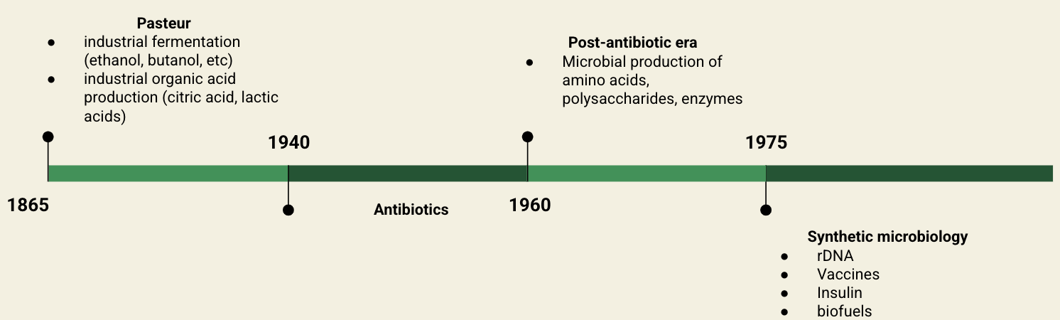 <ul><li><p>pre-Pasteur (fermenting drinks/food)</p></li><li><p>Pasteur (industrial fermentation and organic acids) </p></li><li><p>antibiotics</p></li><li><p>post-antibiotics (producing amino acids, enzymes, etc)</p></li><li><p>synthetic microbio (vaccines, insulin, biofuels)</p></li></ul><p></p>