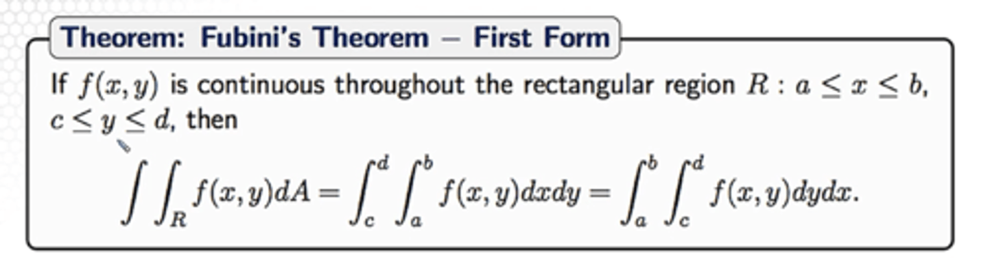 <p>this theorem converts double integrals to iterated integrals for easier evaluation, especially on rectangular regions of R. this allows the inner integral to be evaluated first, treating the other variable as a constant, before doing the outer integral.</p>