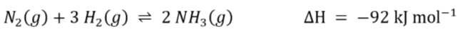 <p>explain why a temperature of 450 degrees Celsius is used, rather than a higher or lower temperature:</p><p>N₂(g) + 3H₂(g) <span>⇌ 2NH</span>₃(g) <span>ΔH = -92kJ/mol</span></p>