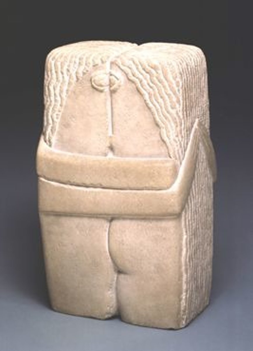 <p>1907-1908. Bracusi. Limestone. Cubism<br>Spontinetiy, natural intervention.<br>Symbolic simpligication of male and female bodies kissing.<br>Forms interlicj, become 1<br>Mainly geometric forms. Subtle/organic influence.<br>Bulge intended to represent a breast.<br>Stone is rough and unplished in some reas.<br>Blockiness<br>Preserve the original shape of the limestone, blocky</p>