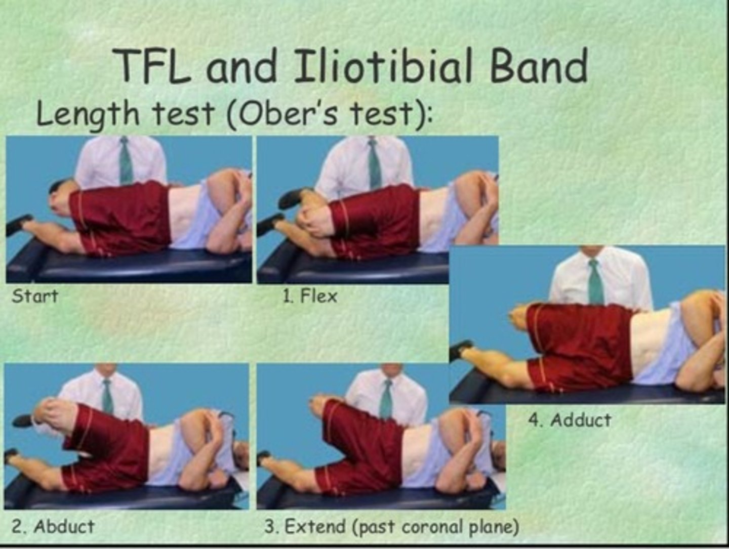 <p>•The Ober test examines the length of the tensor fascia lata and the iliotibial band that act to abduct the hip</p><p>•Testing Position: Sidelying with inferior hip and knee flexed</p><p>•Stabilization: Iliac crest (limit pelvis rolling forward or back)</p><p>•Testing motion: With the knee flexed to 90 degrees, the superior hip is passively ABD and EXT to position ITB posterior to greater trochanter, then lowered into aduction; Modified Ober with knee straight</p><p>•End Feel: firm</p><p>•Interpretation: If the thigh drops below horizontal (10 degrees of adduction), the test is (-) and the TFL and IT band are of normal length</p><p>•If the thigh remains abducted above horizontal= (+) test; the TFL, IT band, glut med/min, and/or hip joint structures might be short</p><p>•Measure to document progress - goniometer alignment as with hip Abd</p>