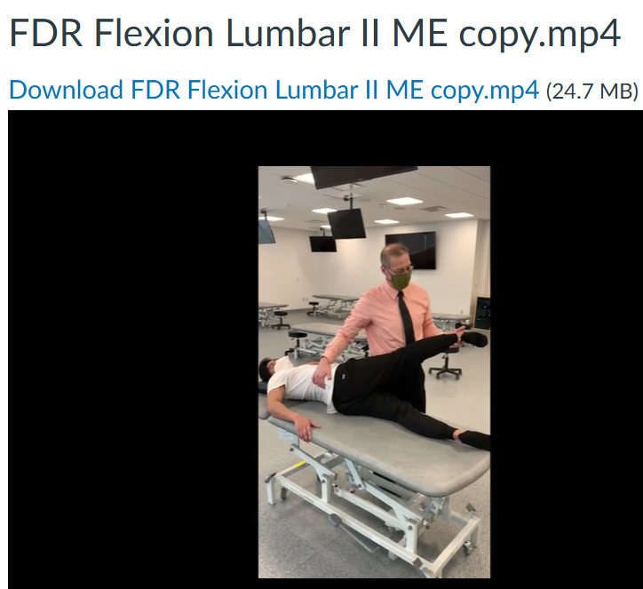 <p>Ex: L5 F RL SL</p><p></p><p>Have the pt lay on their left side</p><p>Bend their knees to see how the lumbar segment below moves, keep your hand there</p><p>Ask them to put their back to the table/chest up (lateral recumbent)</p><p>(You keep standing!)</p><p>Extend the left leg into the air off the table, and grab underneath the ankle of the right leg</p><p>Have the pt push their ankle down while you push up</p><p>Relax, repeat, and passive stretch</p>