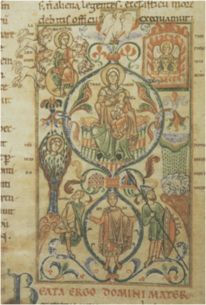 <p>Illustrates Christ’s royal lineage, reinforcing monastic devotion and the importance of scriptural ancestry in medieval theology</p><p>Vine-like ornament linking Old Testament figures to the Virgin and Child at the center</p><p>genealogy of Christ as branching from Jesse, father of King David</p>