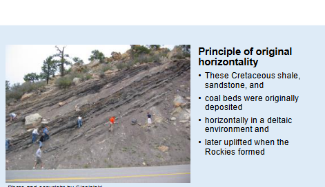 <p><span>-Particles which settle under the influence of gravity settle to more nearly horizontal layers.</span><br><span>-Generally sediments deposited on land or in the sea form nearly horizontal layers.</span><br><span>-In some cases, they are inclined, as on the sloping face of a sand dune, but parallel to the surface of deposition. In most cases, if an area has strongly inclined or dipping sedimentary rocks, they were disturbed by forces from their original horizontal attitude.</span></p>