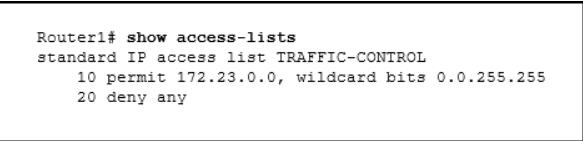 <p>Refer to the exhibit. A network administrator needs to add an ACE to the TRAFFIC-CONTROL ACL that will deny IP traffic from the subnet 172.23.16.0/20. Which ACE will meet this requirement?</p>