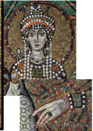 <ul><li><p><span>Apse mosaic: Court of Theodora</span></p></li><li><p>Byzantine</p></li><li><p><span>Theodora was Justinian’s wife and in this mosaic she’s shown with her court ladies on the right, two clergymen on the left. She’s also wearing a purple robe and her head is framed by a halo. She’s offering a golden chalice to the clergymen, and on the bottom of her gown is a scene showing the three kings offering gifts (often referred to as the magi).&nbsp;</span></p></li><li><p><span>This mural is on the left of Christ which is a less dominant position compared to Christ’s right (‘right hand of God’ where Justinian is). There is also hierarchy in her placement within the picture frame, she’s placed further back into the frame, indicating less power than her husband.&nbsp;</span></p></li><li><p><strong><span>Note: </span></strong><span>vertical, frontal position of figures and diagonal placement of feet and lack of shadow. Movement is created in the mosaics through colour and pattern.</span></p></li></ul>