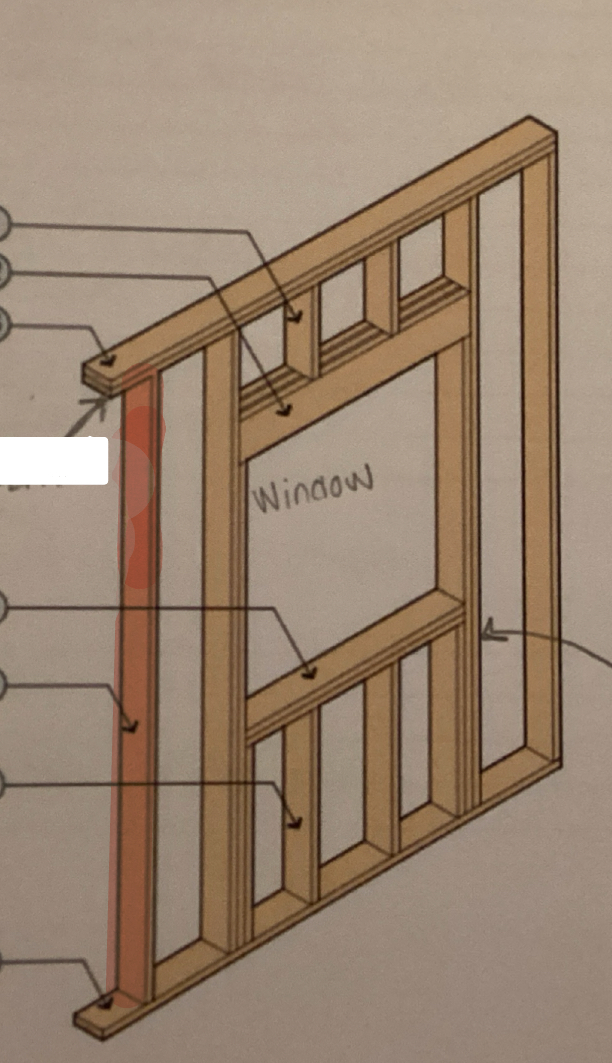 <p>The vertical framing member in frame wall construction</p><p><strong>Interior walls 2” x 4”</strong></p><p><strong>Exterior walls 2” x 6”</strong></p><p><strong>Spaced at 16” or 24” apart</strong></p><p></p>