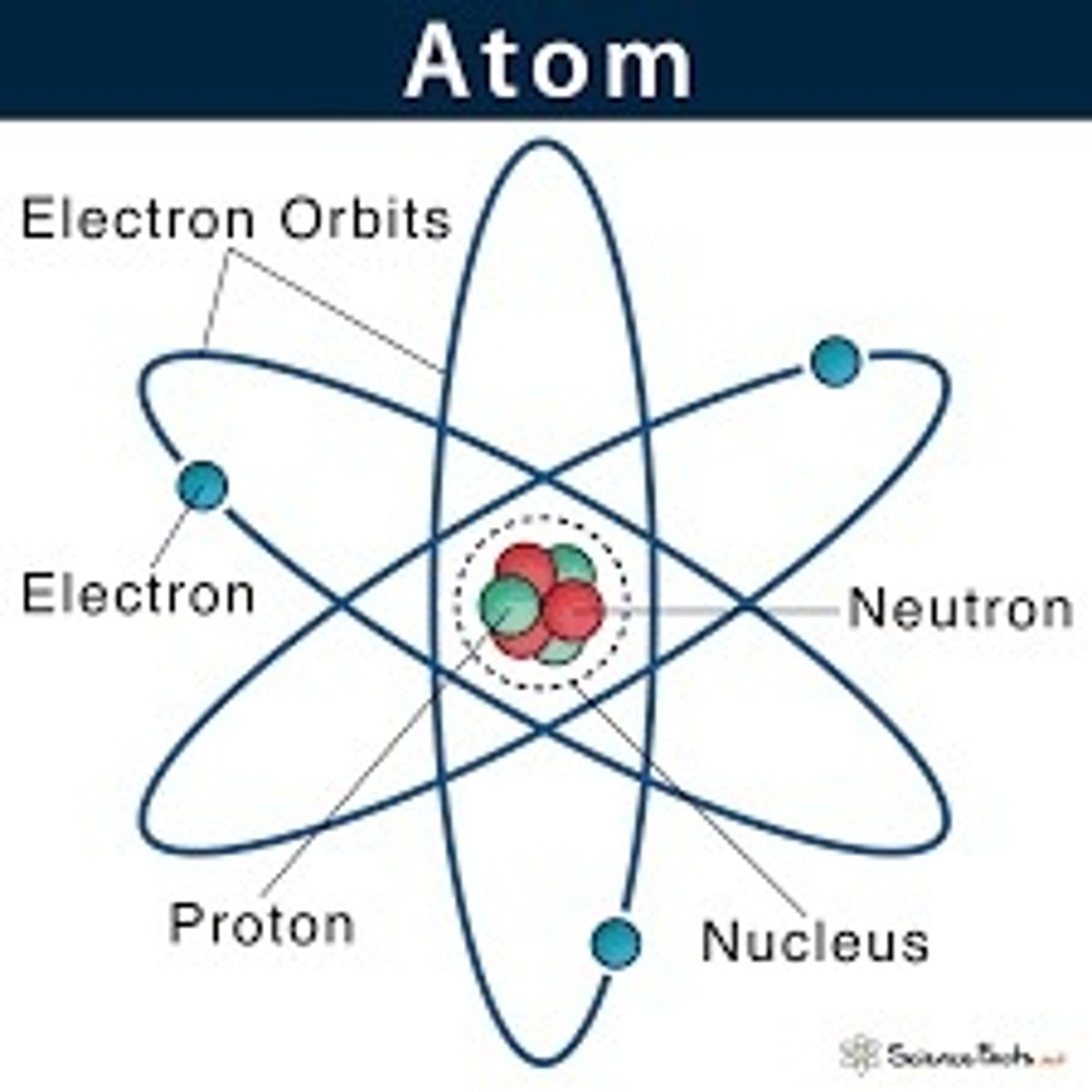 <p>Nucleus holds protons and neutrons, and electrons orbit the nucleus</p>