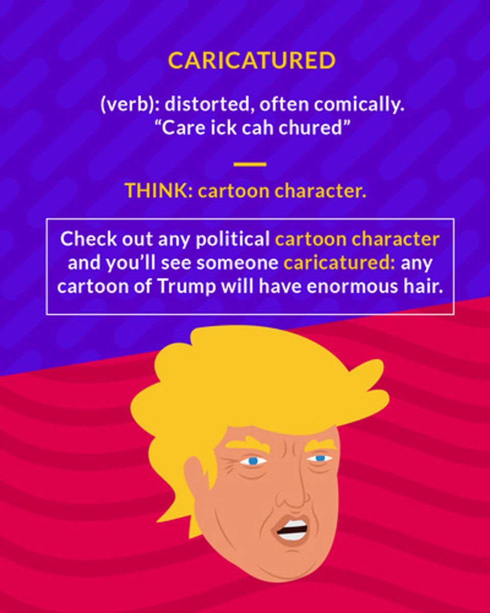 <p>(verb) exaggerated portrayal of one's features</p>