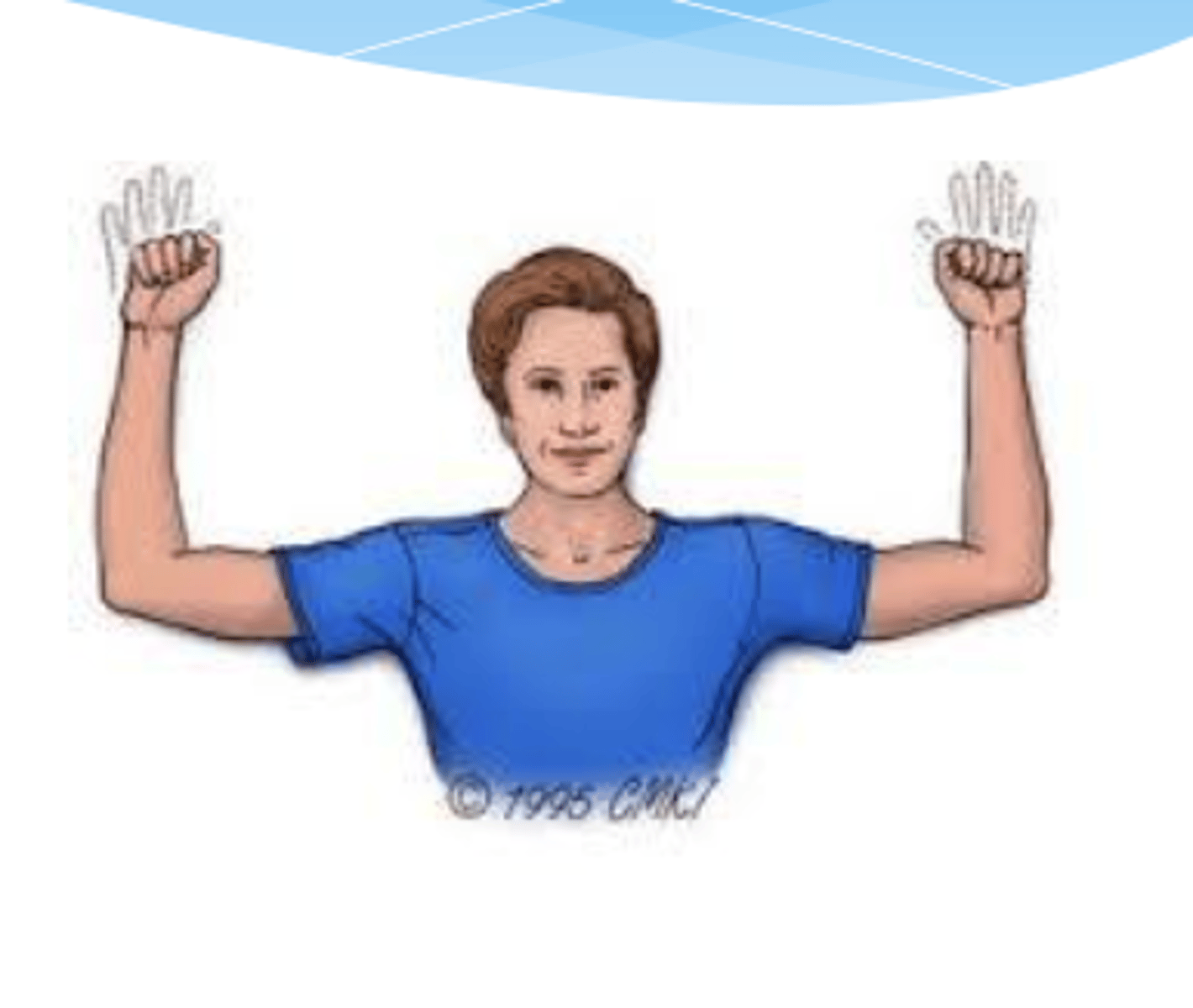 <p>- pt abducts shoulders to 90 deg with full ER</p><p>- pt then opens and closes the hand slowly for up to 3 min</p><p>- (+) = sxs of pain, parathesias, heaviness, dropping of arm for relief</p>