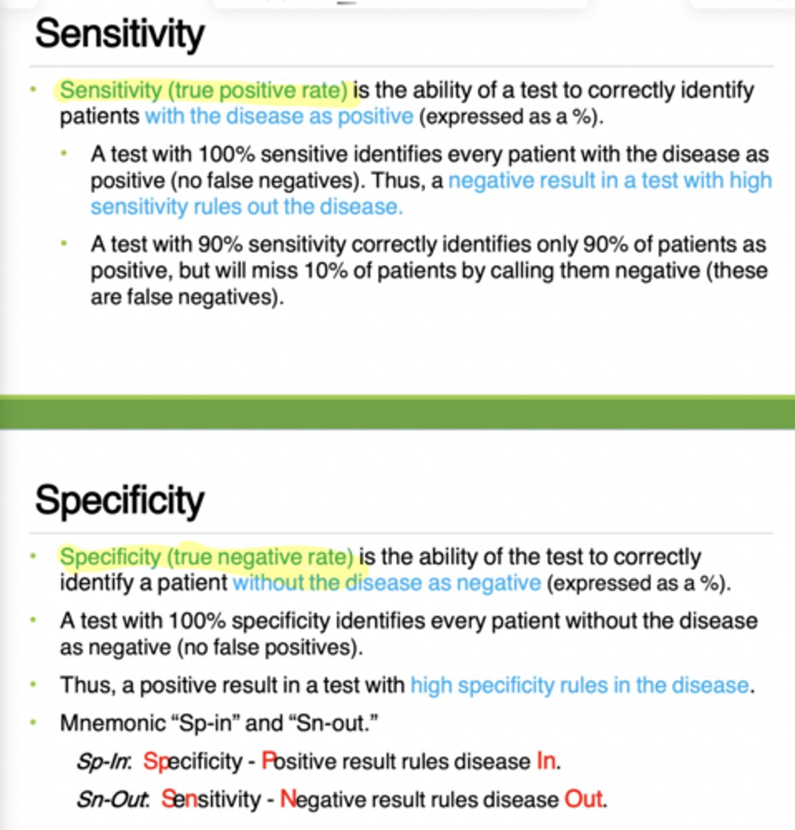 <p>sensitivity - how well a test identifies truly positive people</p><p>specificity - how well a test identifies truly negative people</p>