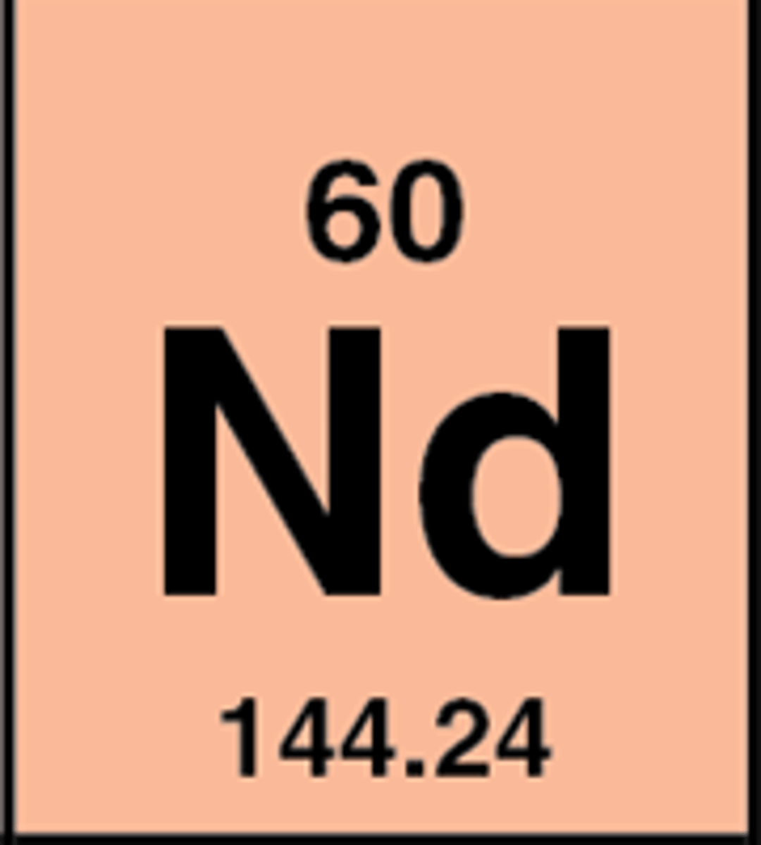 <p>Symbol: Nd<br>Atomic Mass: 144.2<br>Atomic Number: 60</p>