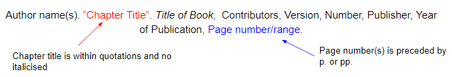 This reference takes a slightly different form to the book reference

\
(look at the picture)

\
Chapter Example:

**Mitchell, James A. “MLA Citation”.** ***A Guide to Citation*****, My London Publisher, 2017, pp. 107-134**