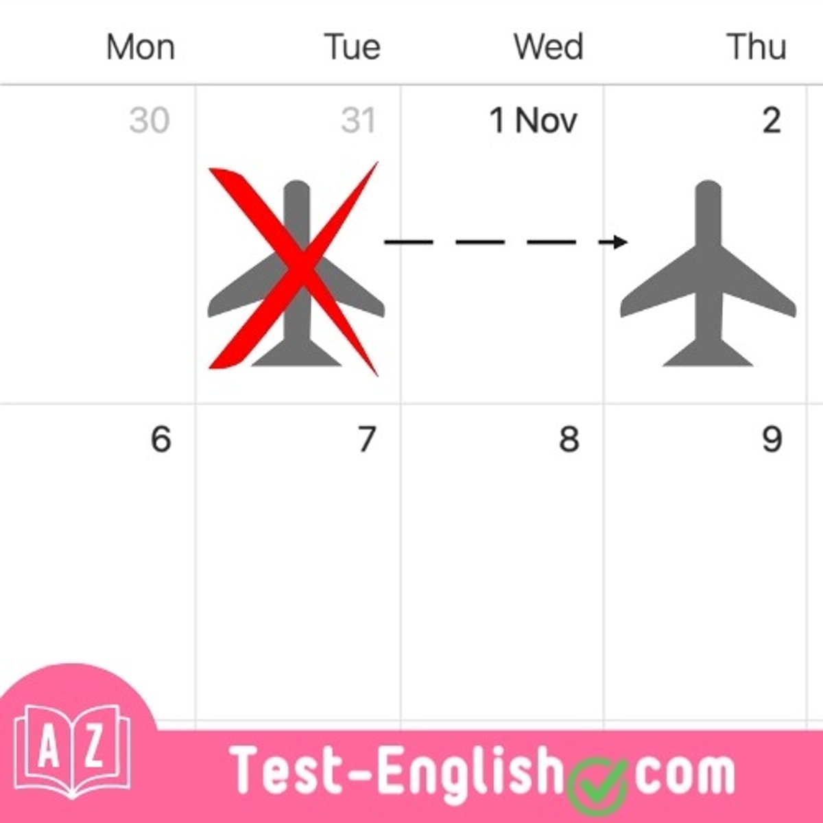 <p>I had to _____ flights and fly two days later than planned.</p>