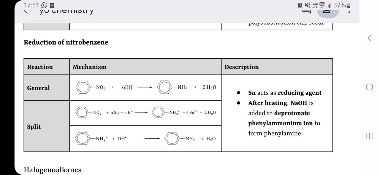 <ul><li><p>nitrobenzene → phenylamine</p></li><li><p>Sn (reducing agent) in conc HCl, heat under reflux followed by NaOH (aq) to neutralise (deprotonate the ion)</p></li></ul>