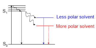 <p>emission is red-shifted; solvent before absorption stabilises ground state’s dipole/dispersion THEN rearrange themselves to stabilise excited state → lower the energy of excited singlet before emission</p><p>all fluorescence is strongly solvent dependent, but polar fluorophores are more solvent dependent</p>
